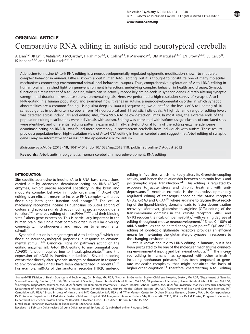 Comparative RNA Editing in Autistic and Neurotypical Cerebella