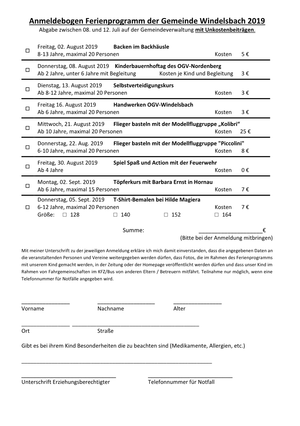 Anmeldebogen Ferienprogramm Der Gemeinde Windelsbach 2019 Abgabe Zwischen 08