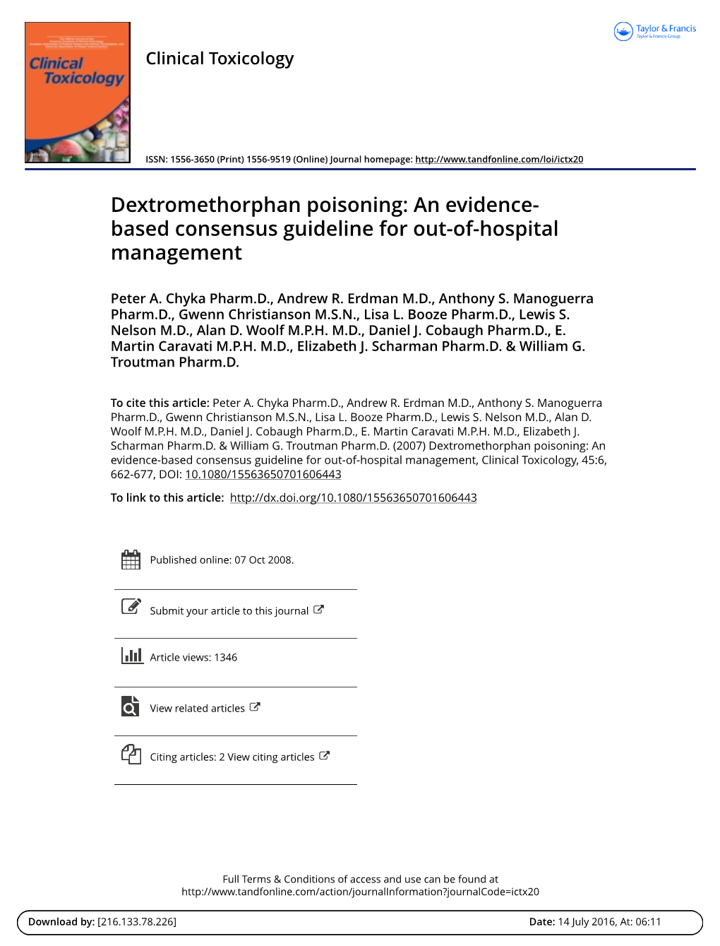 Dextromethorphan Poisoning: an Evidence- Based Consensus Guideline for Out-Of-Hospital Management