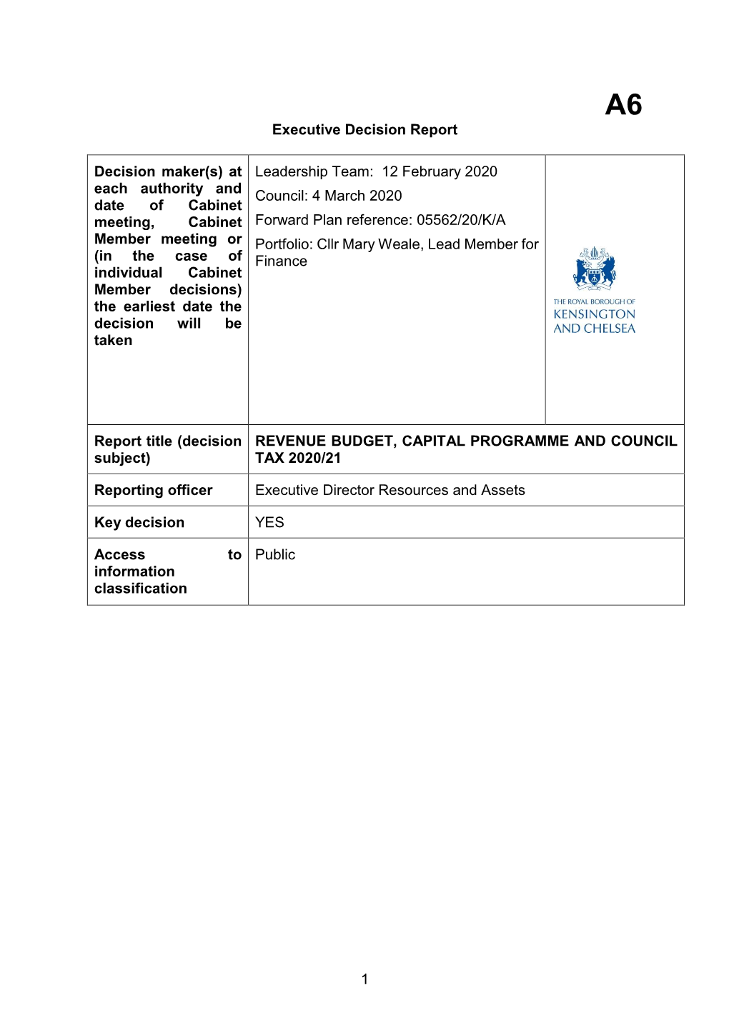 REVENUE BUDGET, CAPITAL PROGRAMME and COUNCIL Subject) TAX 2020/21