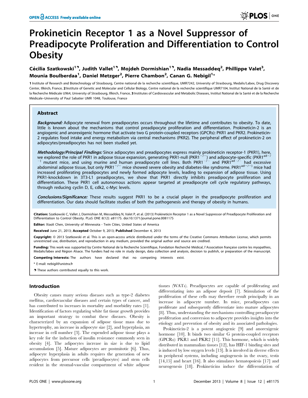 Prokineticin Receptor 1 As a Novel Suppressor of Preadipocyte Proliferation and Differentiation to Control Obesity