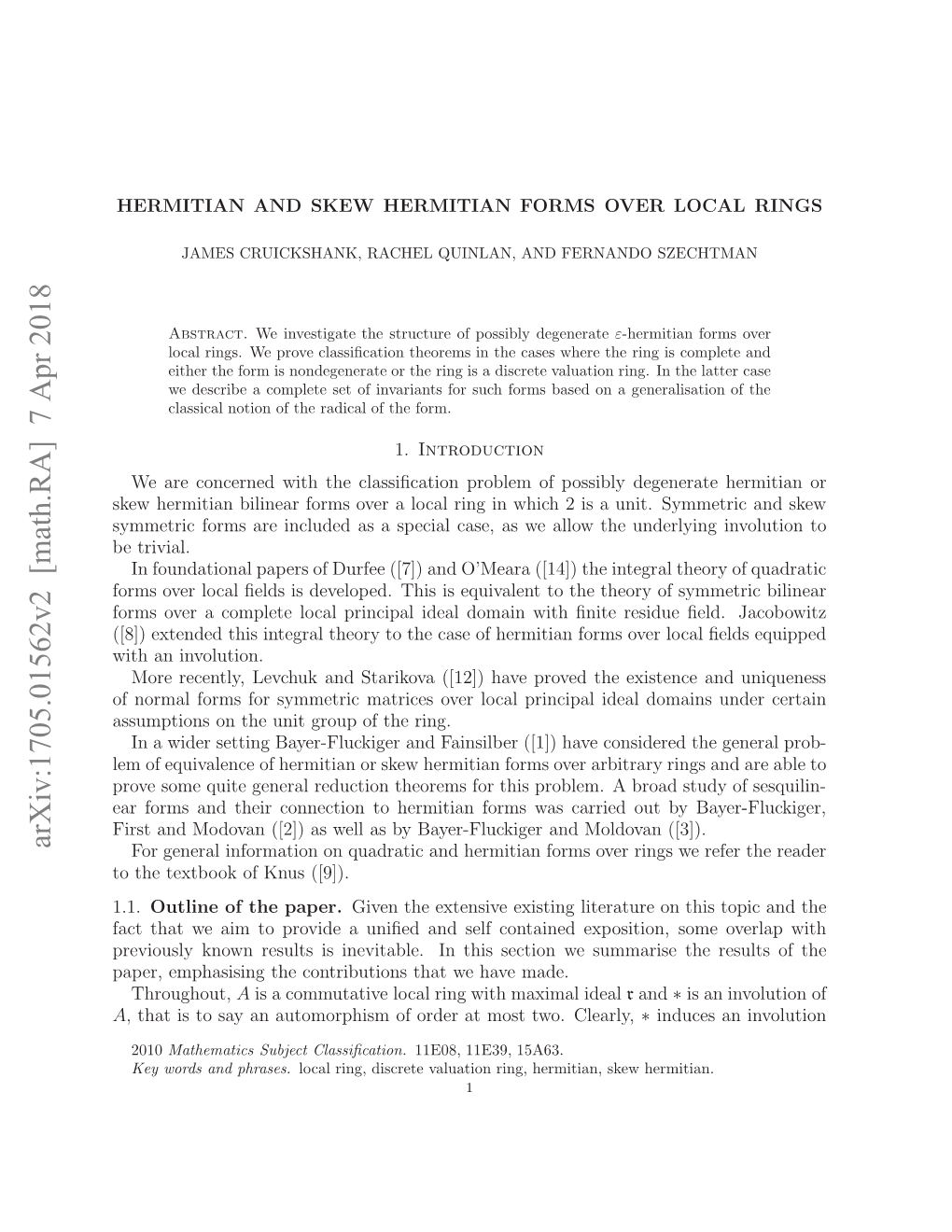 Arxiv:1705.01562V2 [Math.RA] 7 Apr 2018 Rvosykonrslsi Nvtbe Nti Eto Esmaieth Summarise So We Exposition, Section Made