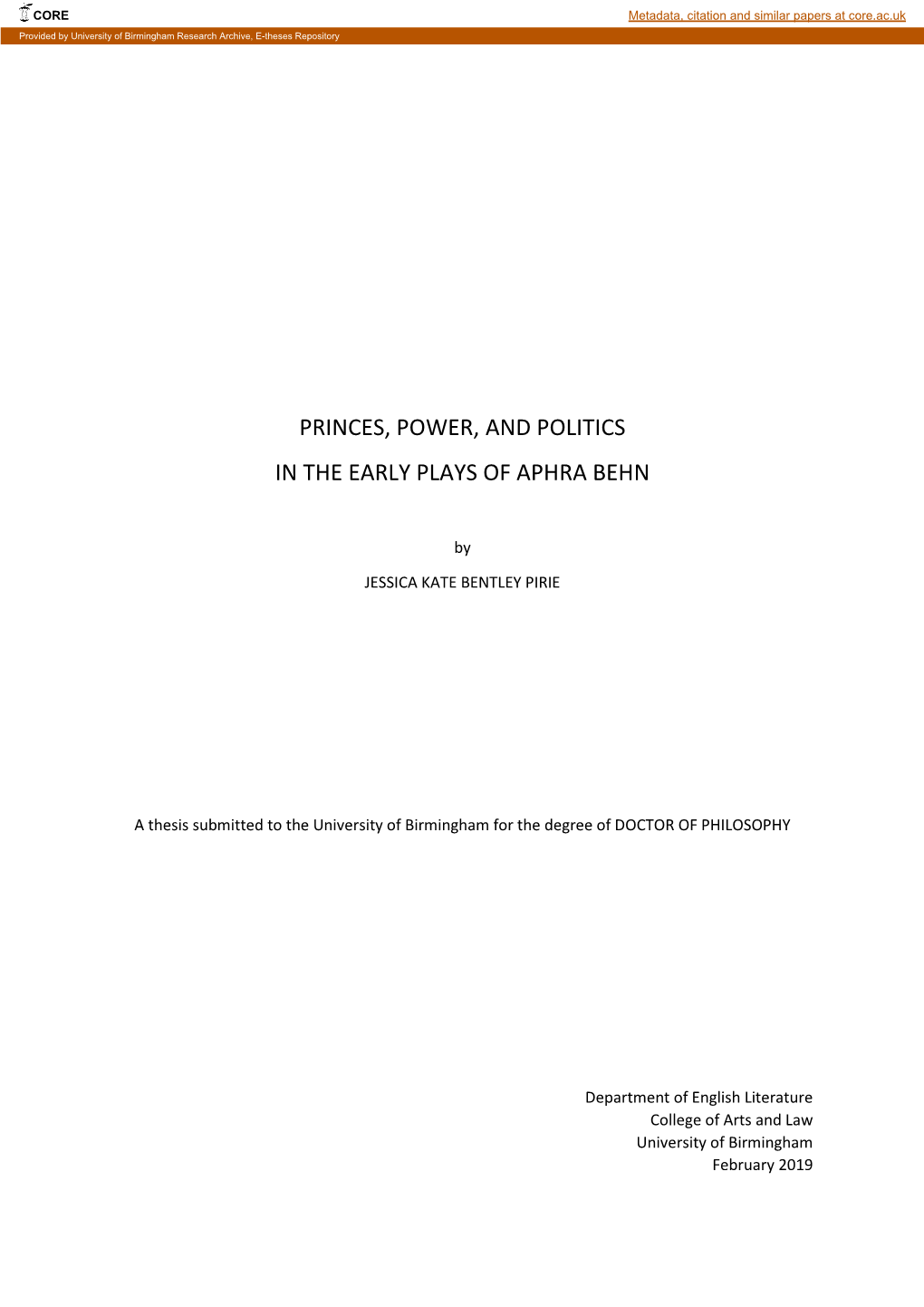 Princes, Power, and Politics in the Early Plays of Aphra Behn