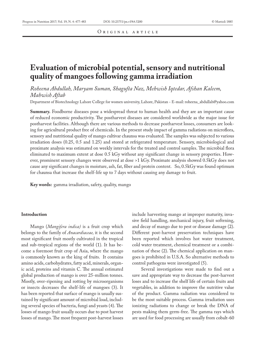 Evaluation of Microbial Potential, Sensory and Nutritional Quality of Mangoes Following Gamma Irradiation