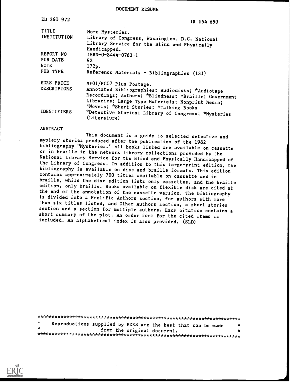 DOCUMENT RESUME ED 360 972 IR 054 650 TITLE More Mysteries