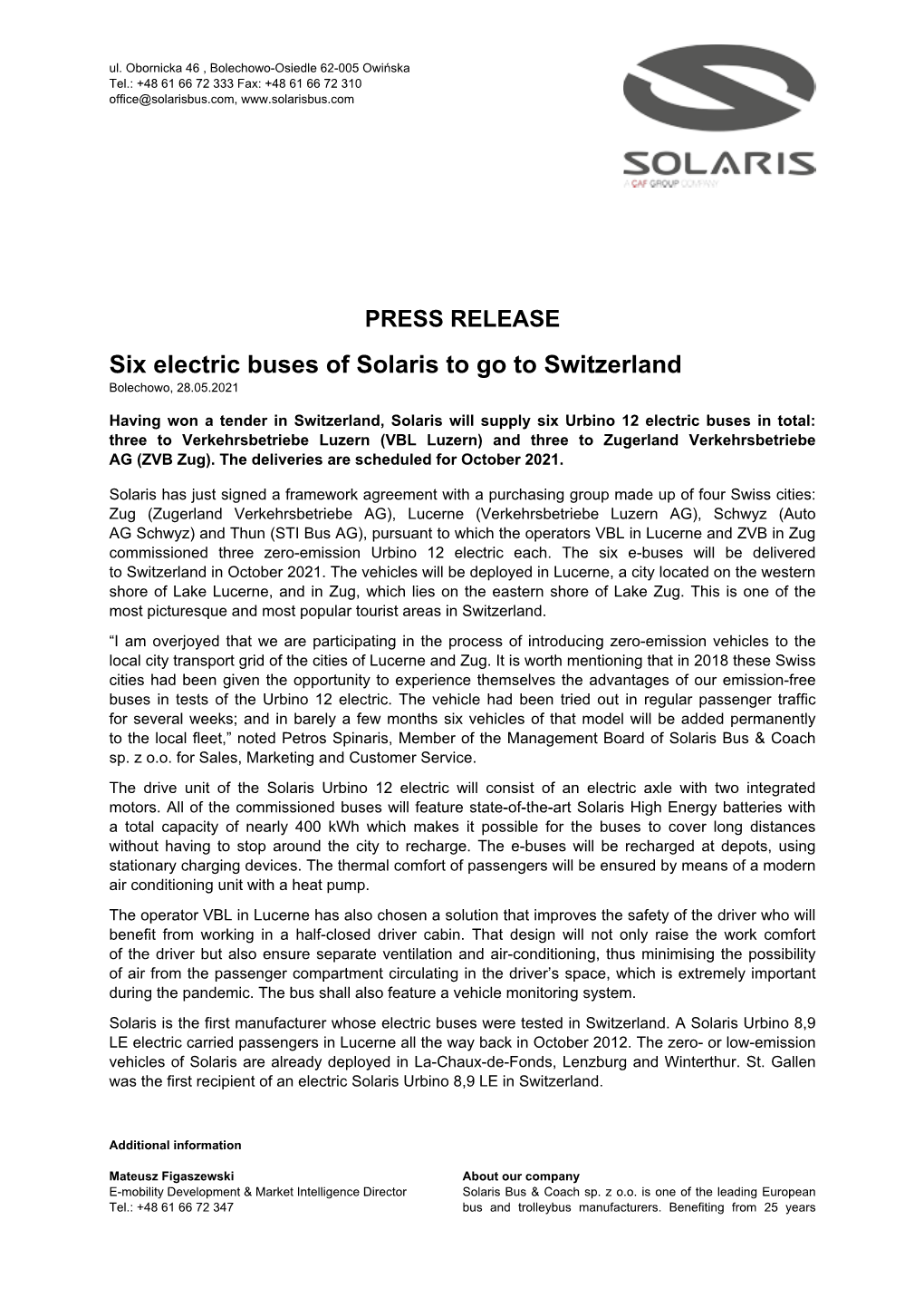 PRESS RELEASE Six Electric Buses of Solaris to Go to Switzerland