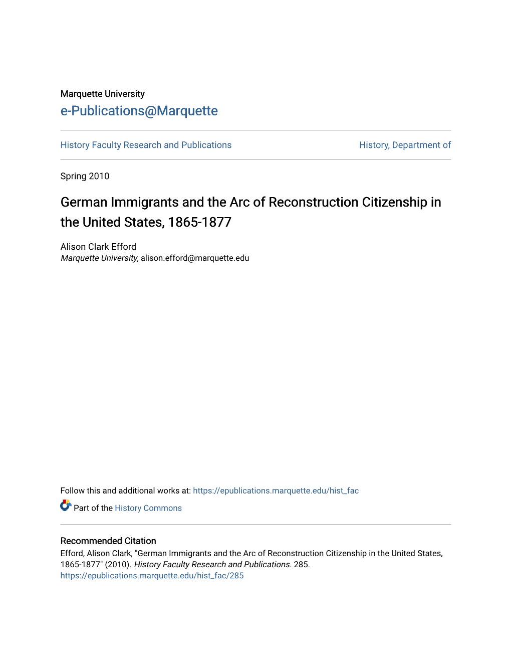 German Immigrants and the Arc of Reconstruction Citizenship in the United States, 1865-1877