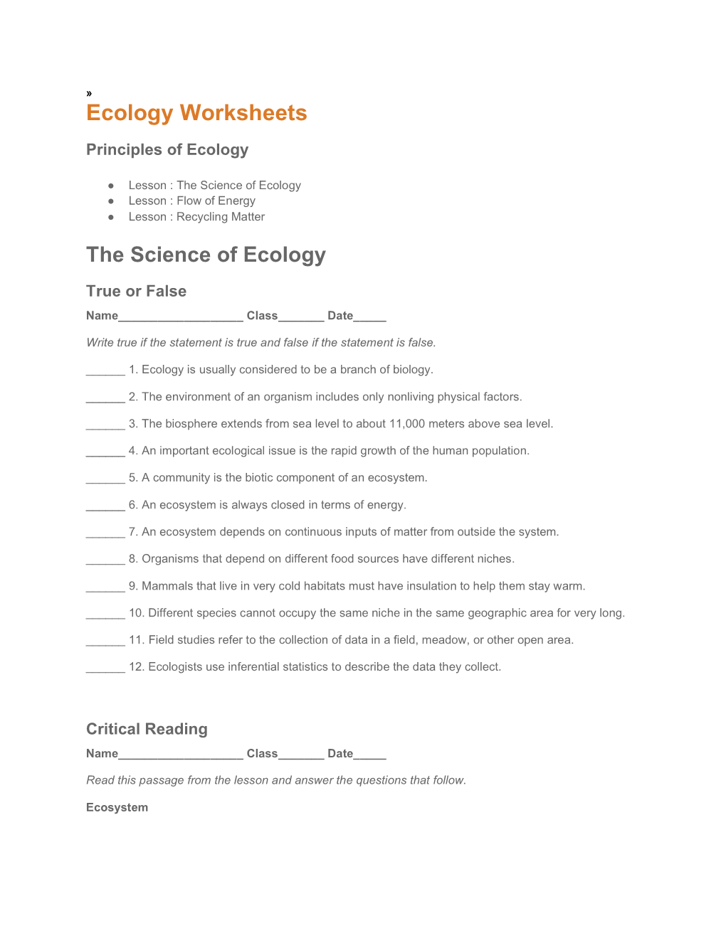Ecology Worksheets