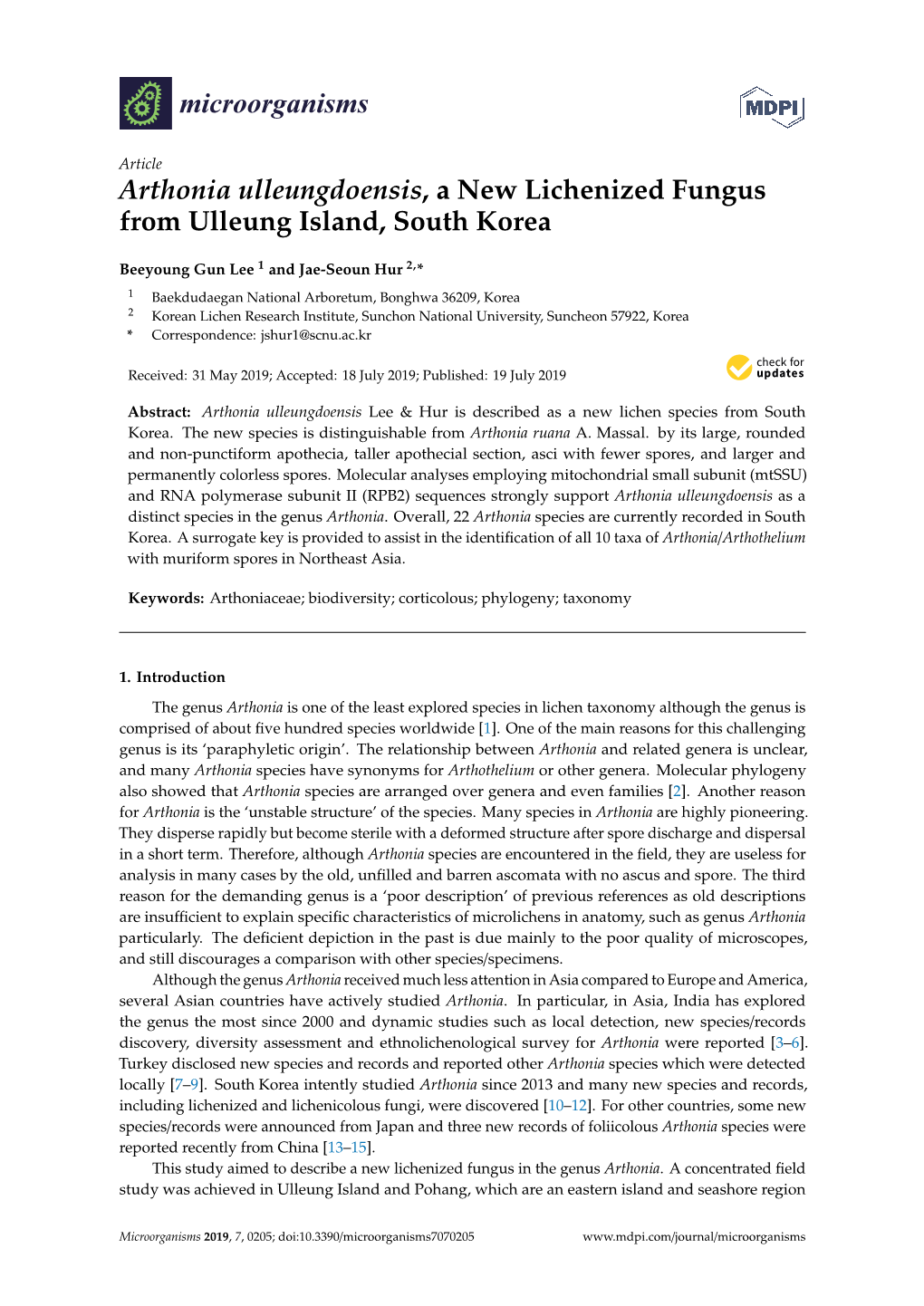 Arthonia Ulleungdoensis, a New Lichenized Fungus from Ulleung Island, South Korea