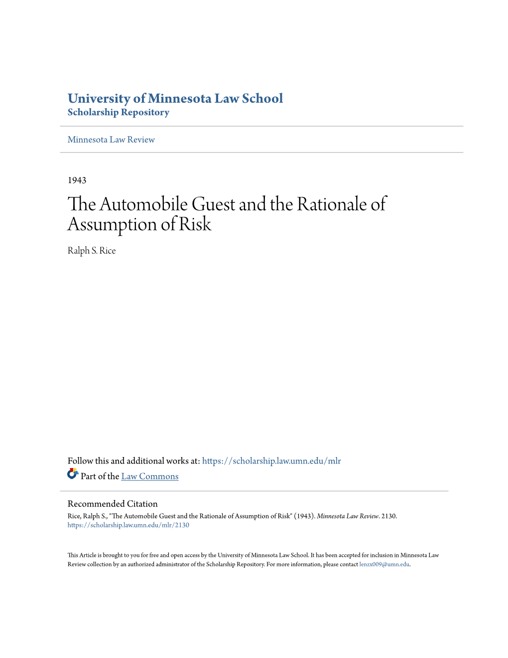 The Automobile Guest and the Rationale of Assumption of Risk Ralph S