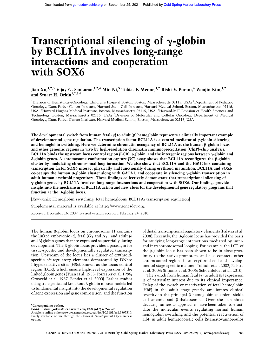 Transcriptional Silencing of G-Globin by BCL11A Involves Long-Range Interactions and Cooperation with SOX6