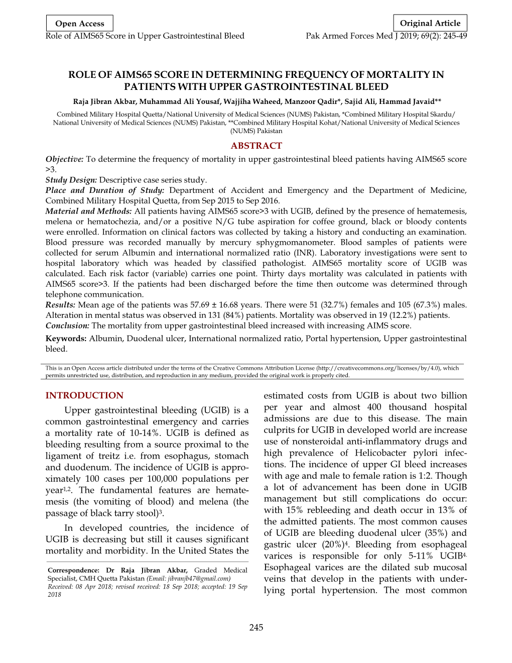 Role of Aims65 Score in Determining Frequency of Mortality in Patients with Upper Gastrointestinal Bleed