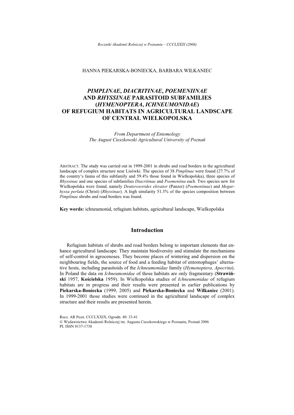 Hymenoptera, Ichneumonidae) of Refugium Habitats in Agricultural Landscape of Central Wielkopolska