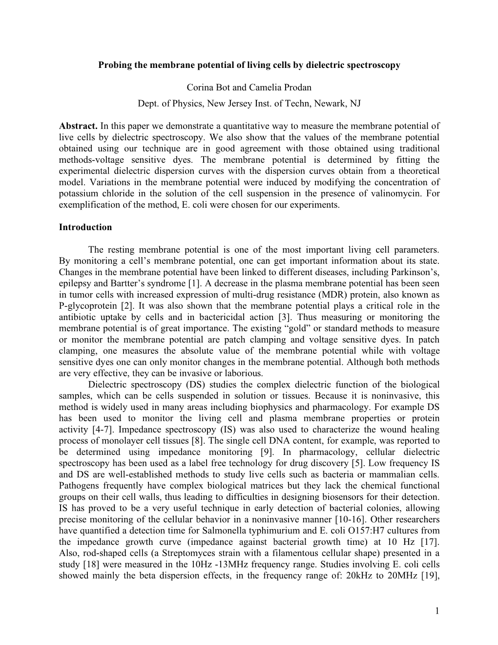 1 Probing the Membrane Potential of Living Cells by Dielectric