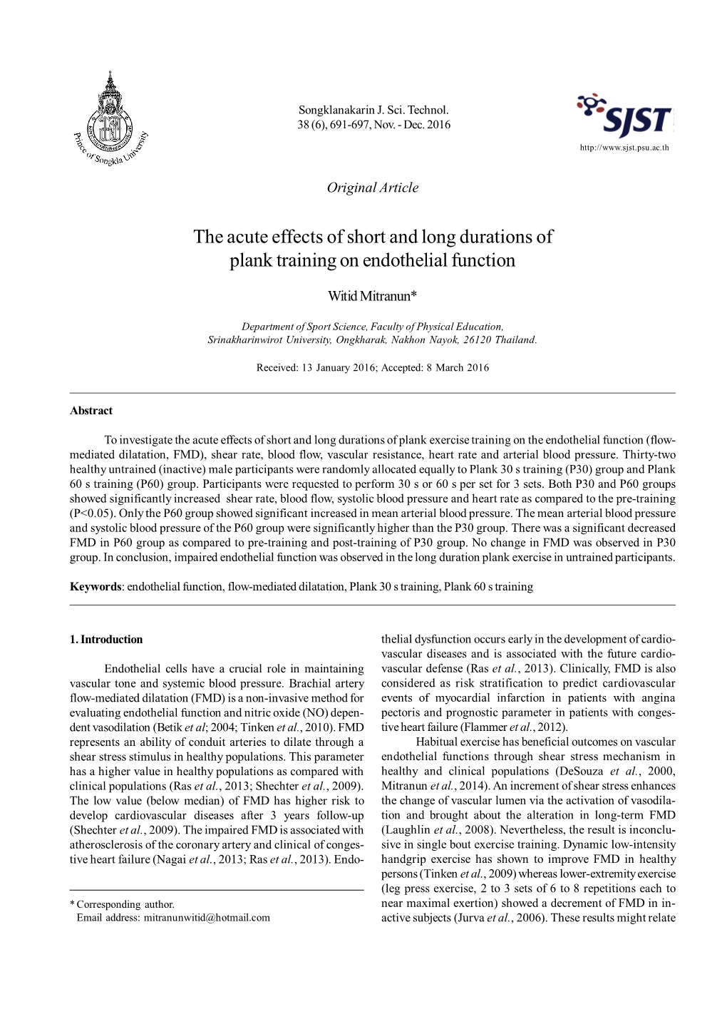 The Acute Effects of Short and Long Durations of Plank Training on Endothelial Function