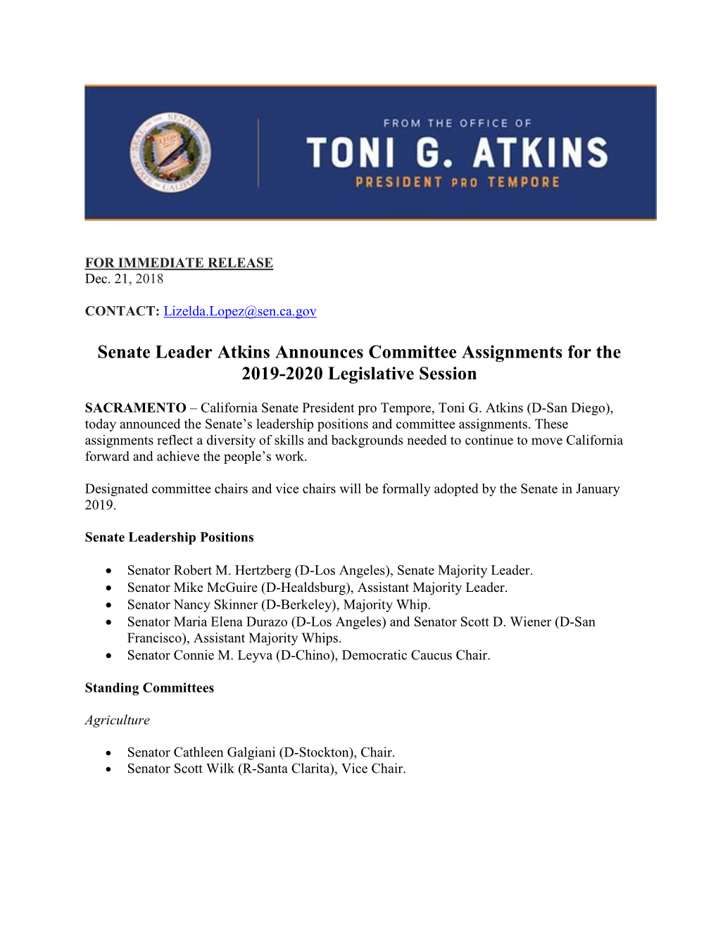 Senate Leader Atkins Announces Committee Assignments for the 2019-2020 Legislative Session