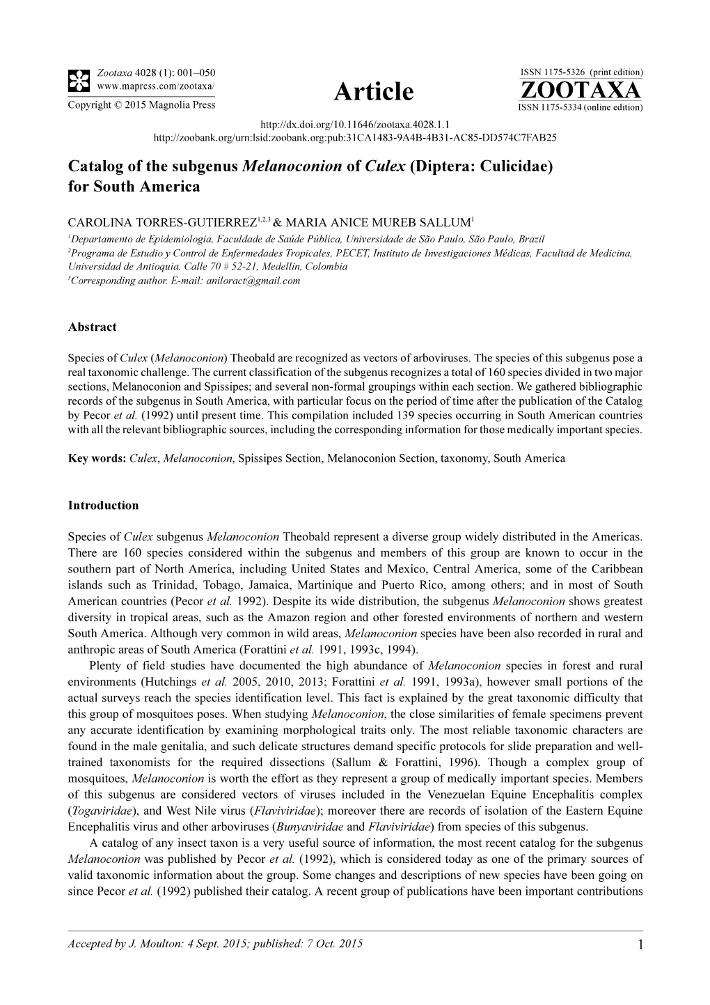Catalog of the Subgenus Melanoconion of Culex (Diptera: Culicidae) for South America