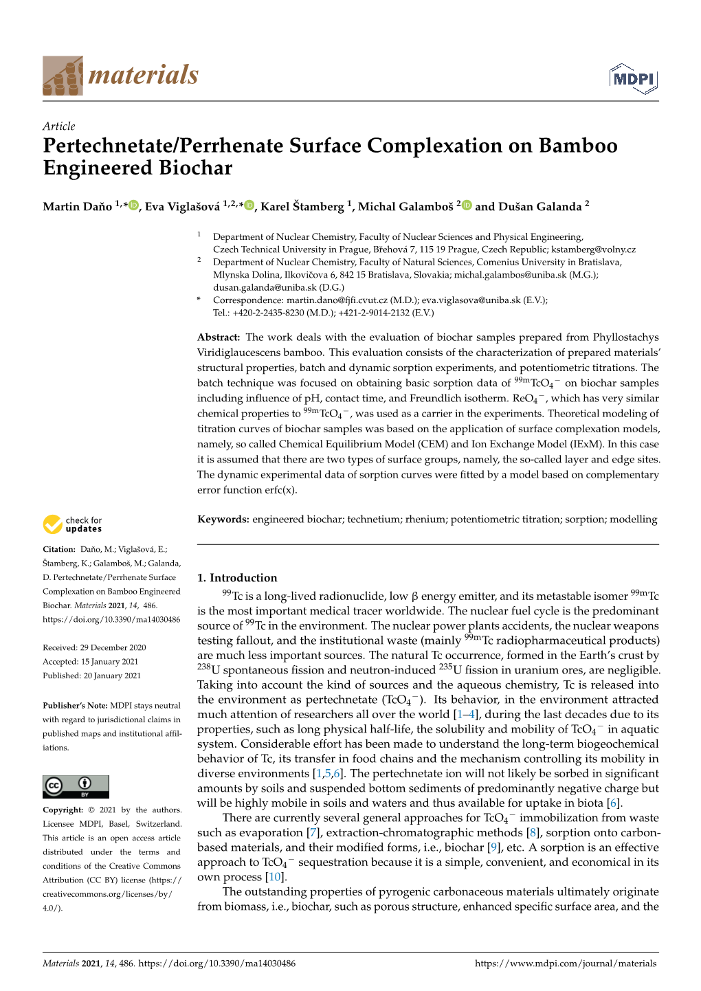 Pertechnetate/Perrhenate Surface Complexation on Bamboo Engineered Biochar