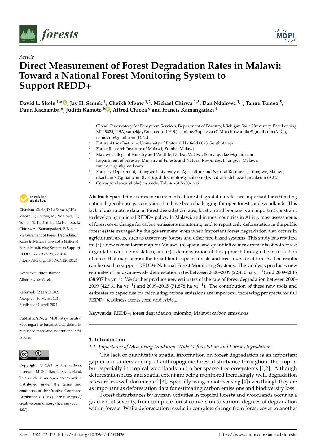 Direct Measurement of Forest Degradation Rates in Malawi: Toward a National Forest Monitoring System to Support REDD+
