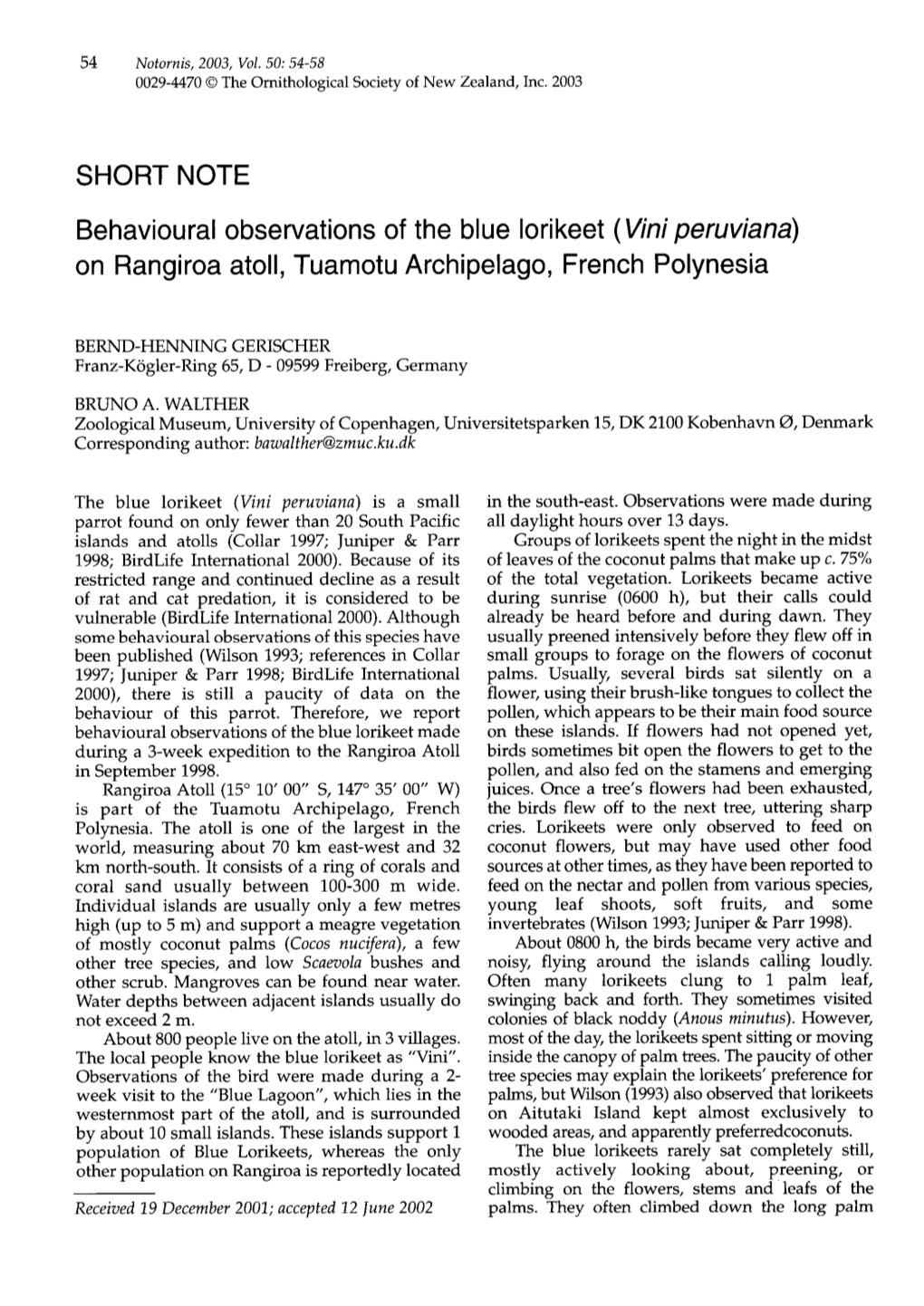 Behavioural Observations of the Blue Lorikeet (Vini Peruviana) on Rangiroa Atoll, Tuamotu Archipelago, French Polynesia