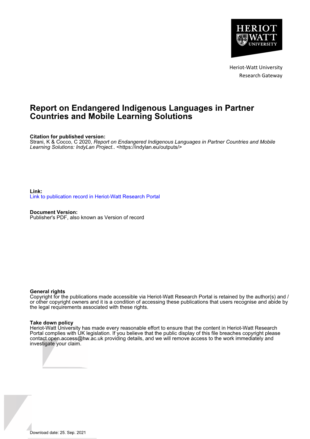 Report on Endangered Indigenous Languages in Partner Countries and Mobile Learning Solutions