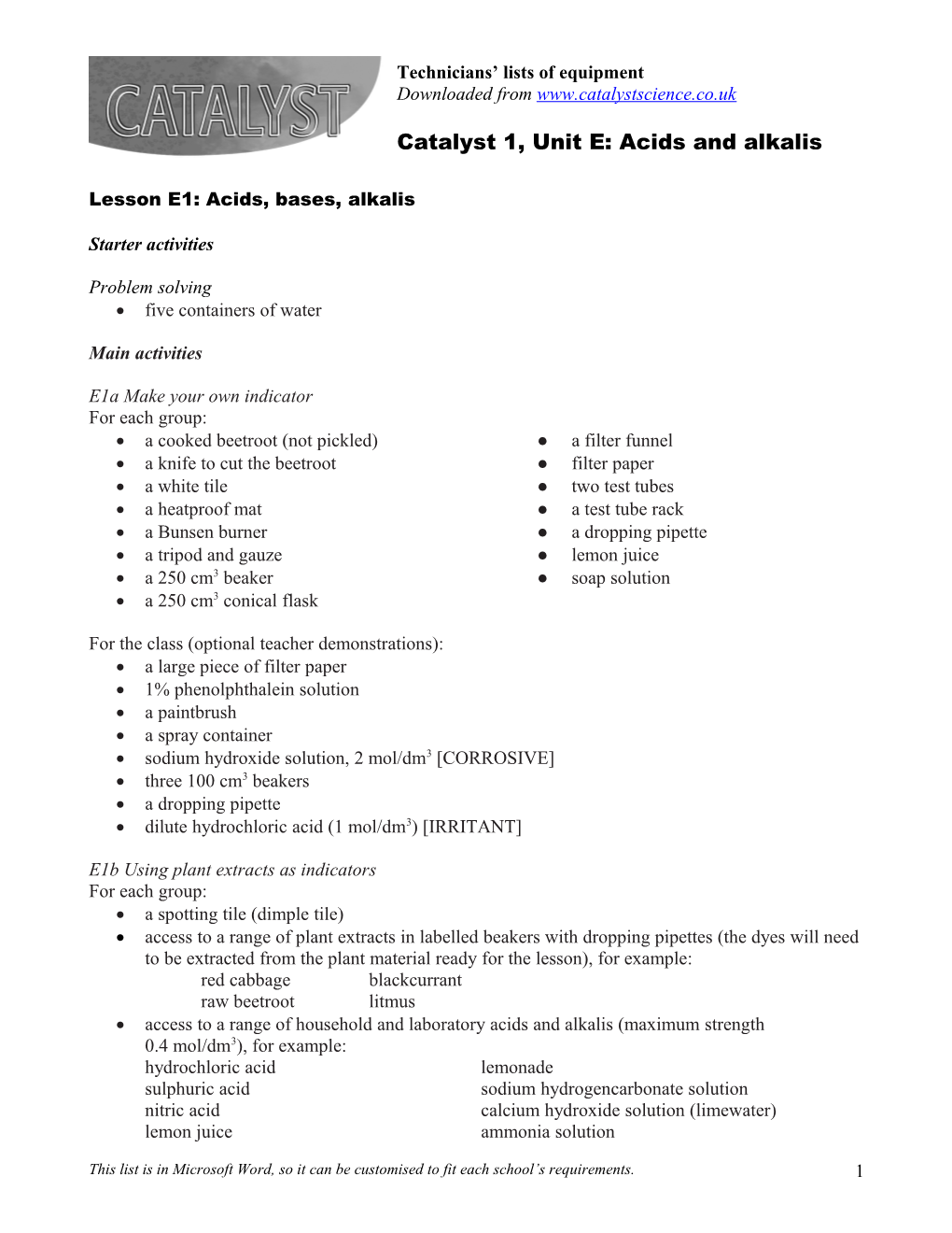 Lesson E1: Acids, Bases, Alkalis