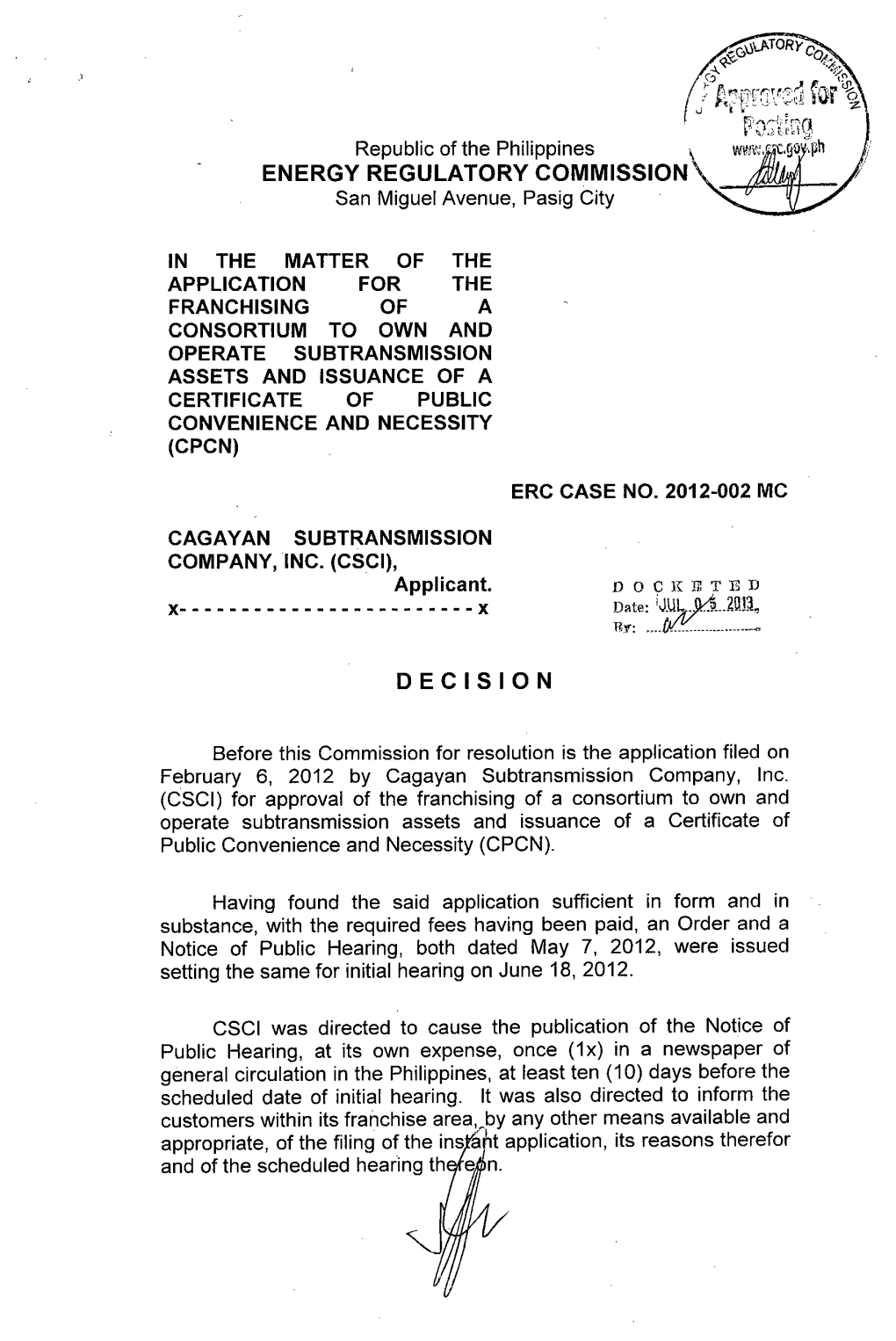 Energy Regulatory Commission Decision