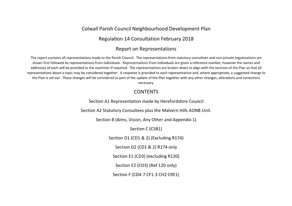 Colwall Regulation 14 Representations and Responses