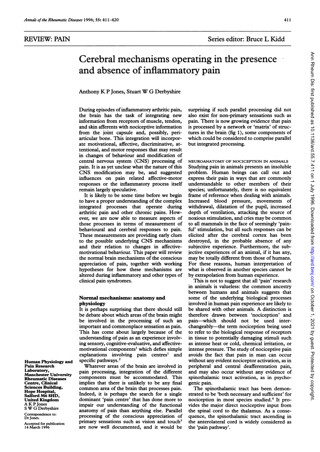 Cerebral Mechanisms Operating in the Presence and Absence of Inflammatory Pain