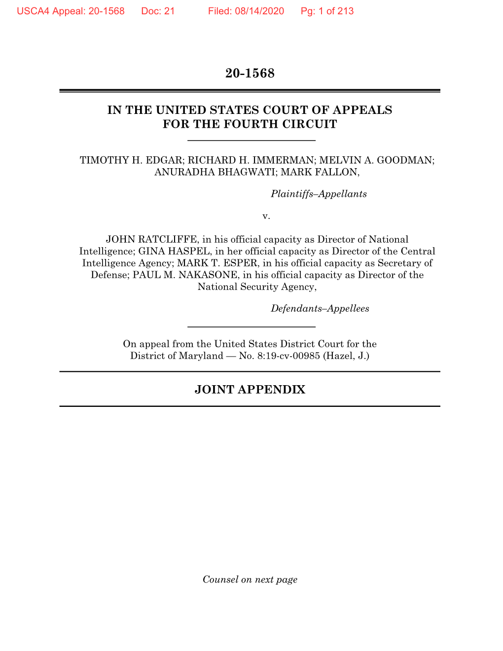 In the United States Court of Appeals for the Fourth Circuit Joint Appendix