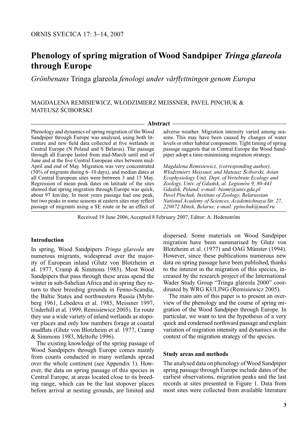 Phenology of Spring Migration of Wood Sandpiper Tringa Glareola Through Europe Grönbenans Tringa Glareola Fenologi Under Vårflyttningen Genom Europa