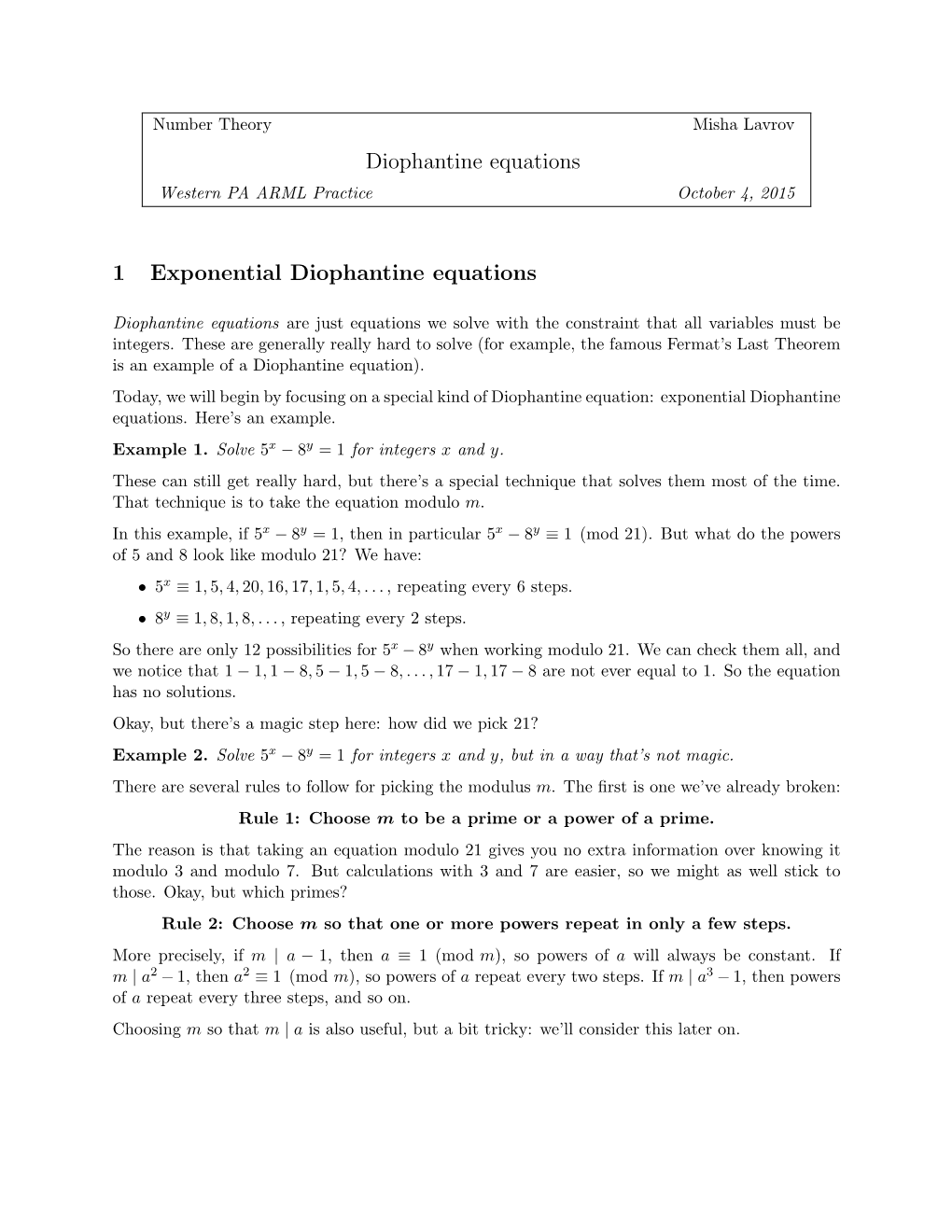 Diophantine Equations 1 Exponential Diophantine Equations