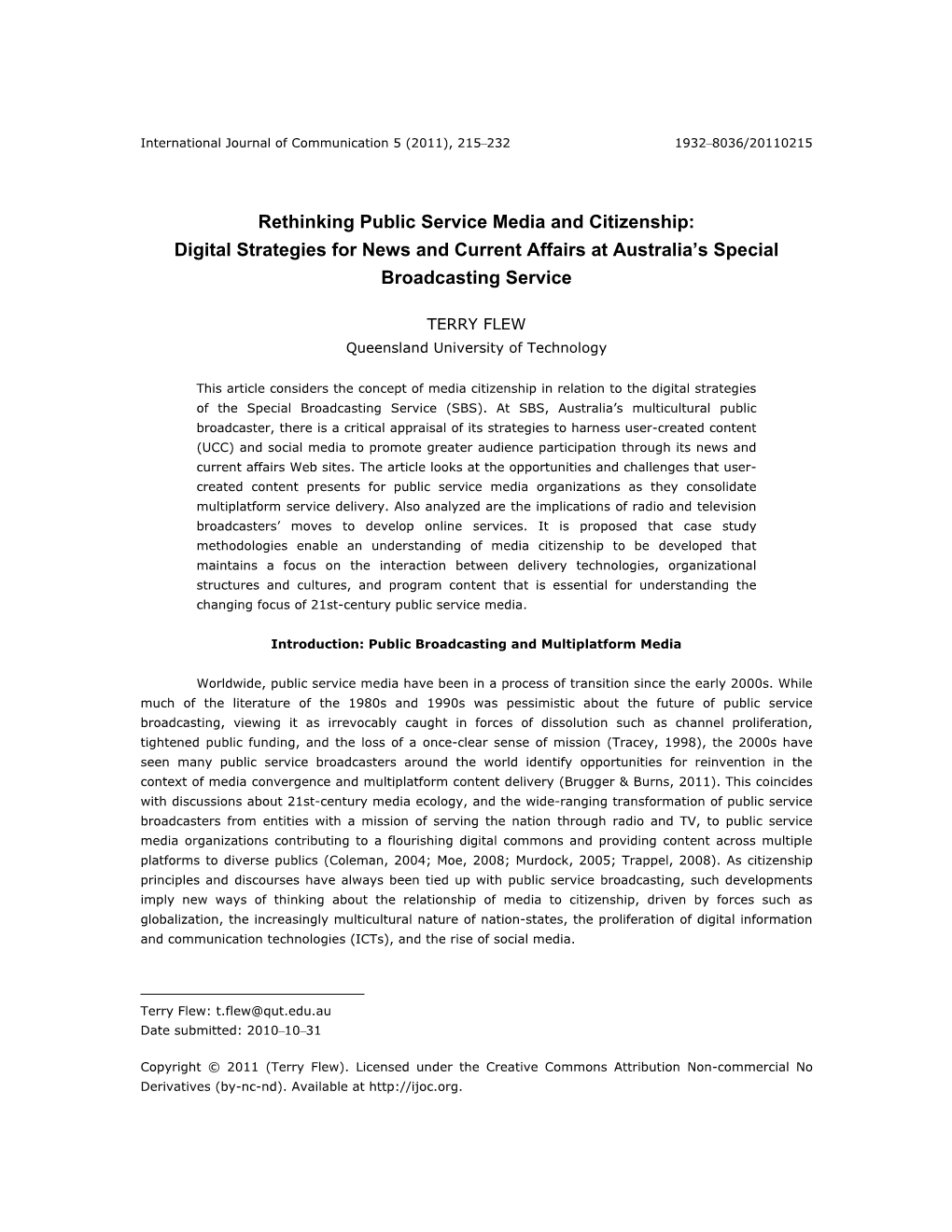 Rethinking Public Service Media and Citizenship: Digital Strategies for News and Current Affairs at Australia’S Special Broadcasting Service