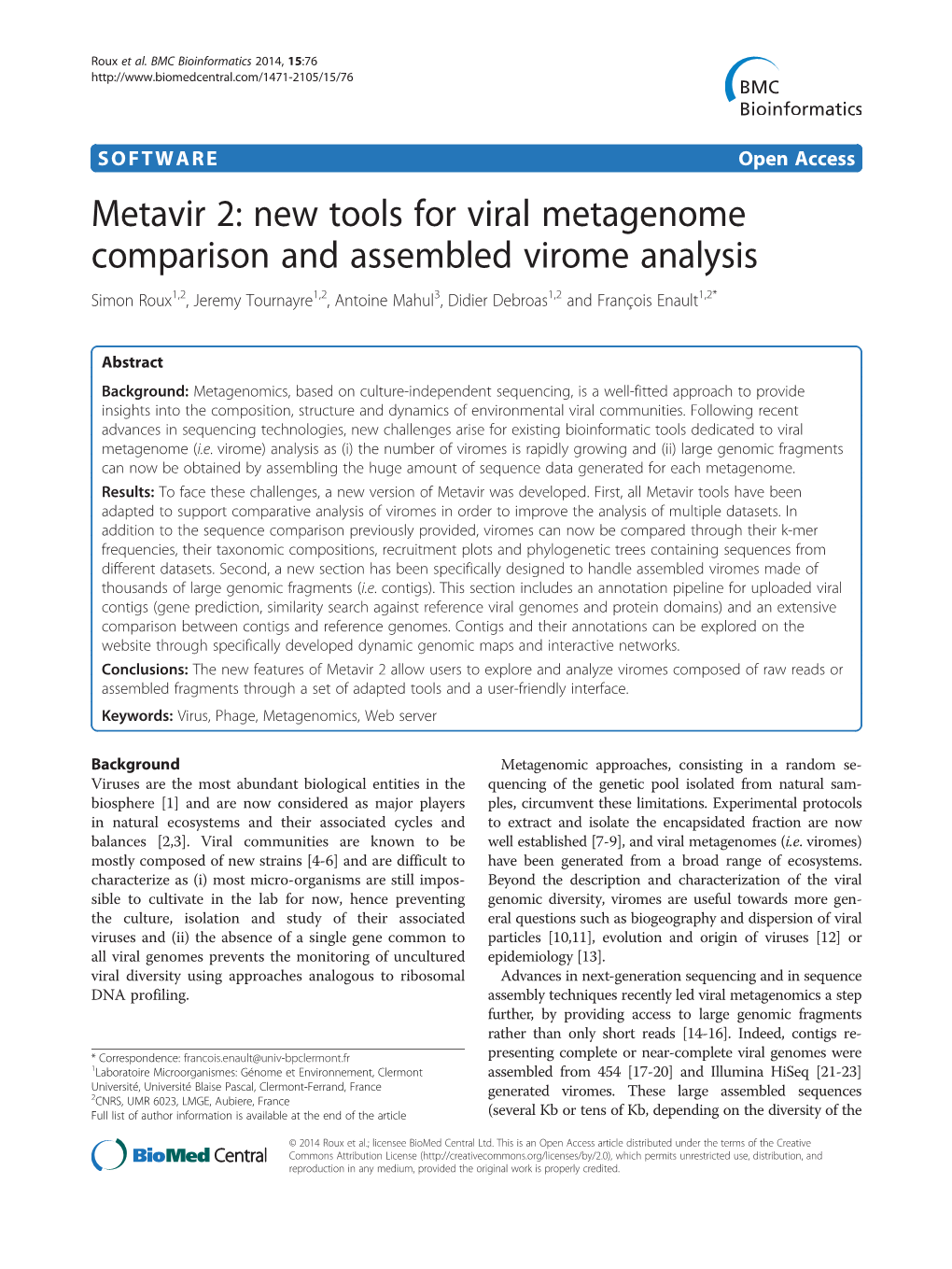 New Tools for Viral Metagenome Comparison and Assembled Virome Analysis Simon Roux1,2, Jeremy Tournayre1,2, Antoine Mahul3, Didier Debroas1,2 and François Enault1,2*