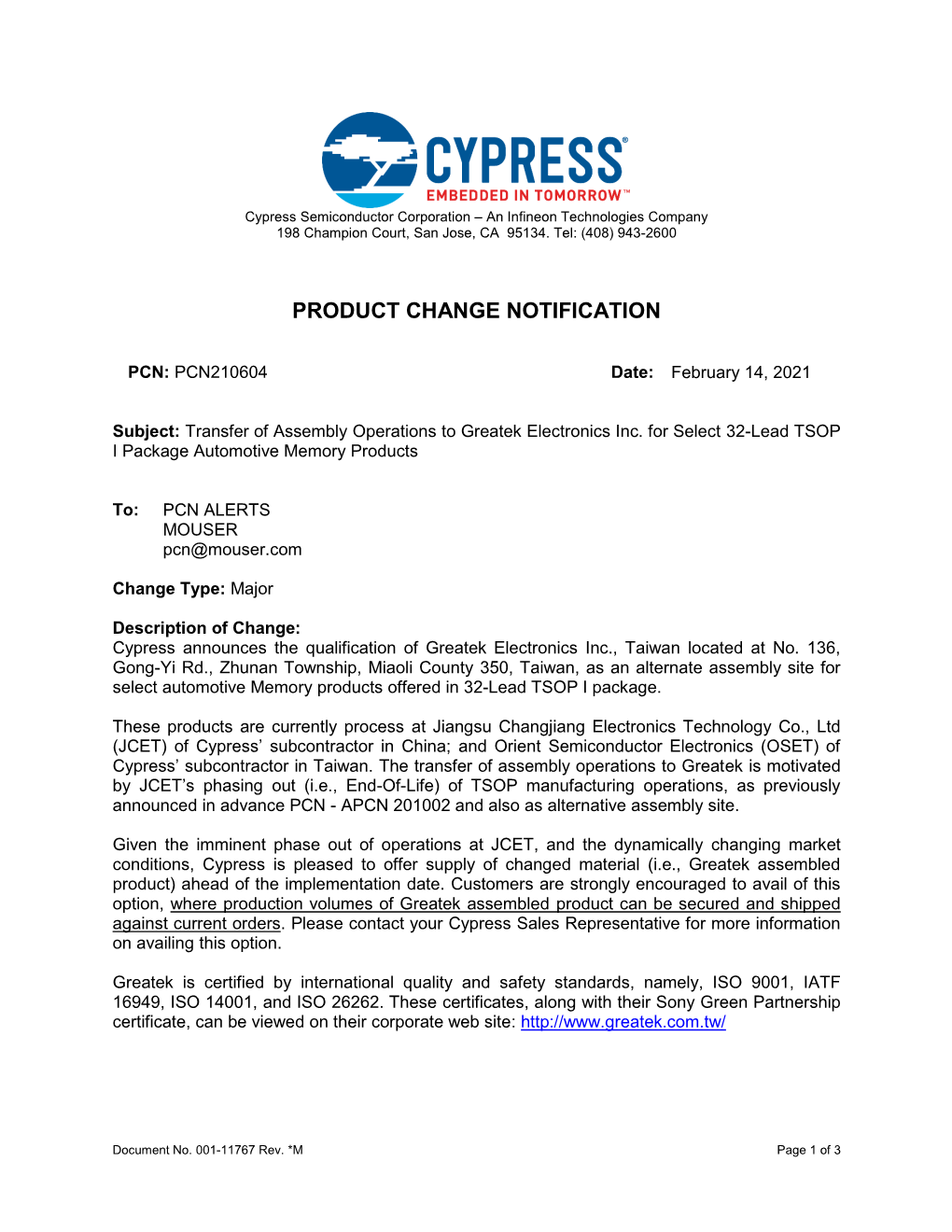 Product Change Notification