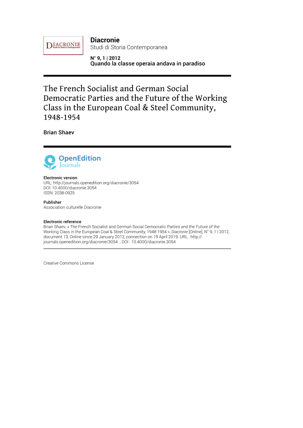 The French Socialist and German Social Democratic Parties and the Future of the Working Class in the European Coal & Steel Community, 1948-1954