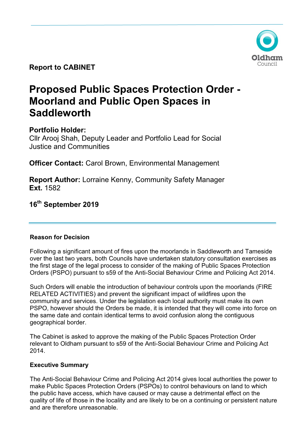 Proposed Public Spaces Protection Order - Moorland and Public Open Spaces in Saddleworth