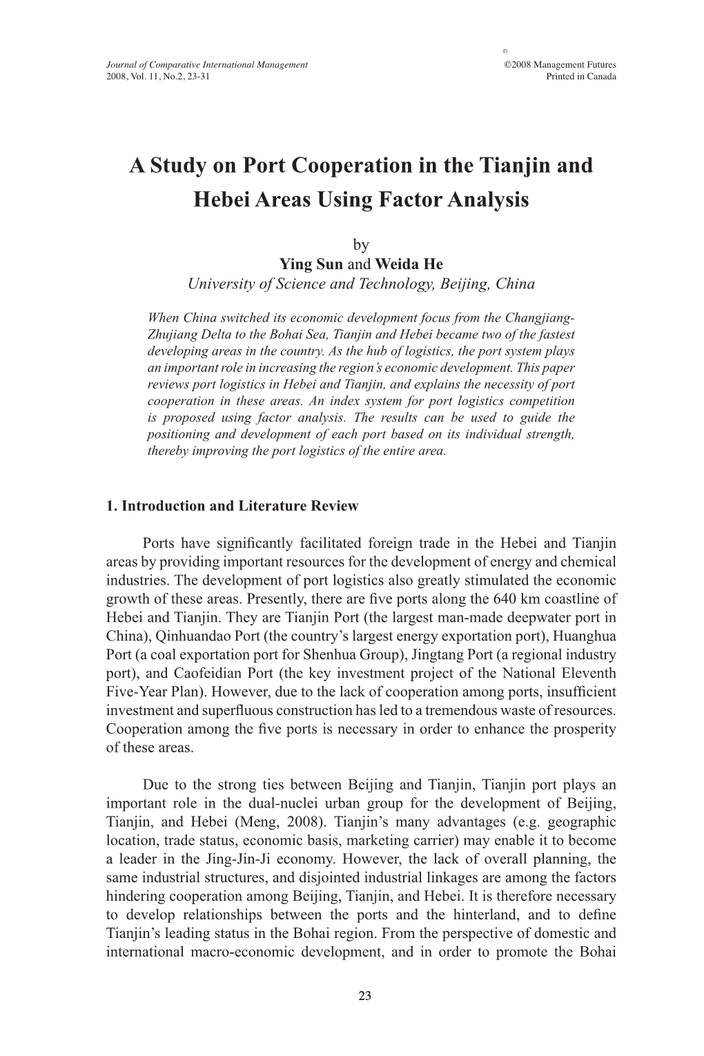 A Study on Port Cooperation in the Tianjin and Hebei Areas Using Factor Analysis