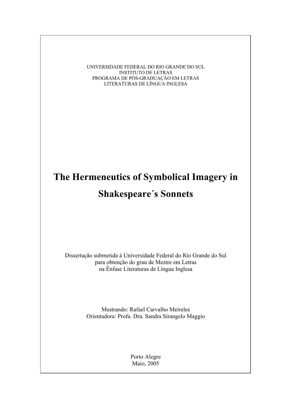 The Hermeneutics of Symbolical Imagery in Shakespeare´S Sonnets