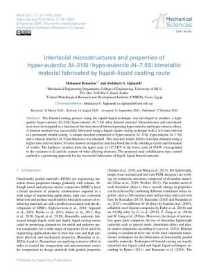 Interfacial Microstructures and Properties of Hyper-Eutectic Al–21Si / Hypo-Eutectic Al–7.5Si Bimetallic Material Fabricated by Liquid–Liquid Casting Route