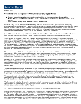 Churchill Downs Incorporated Announces Key Employee Moves