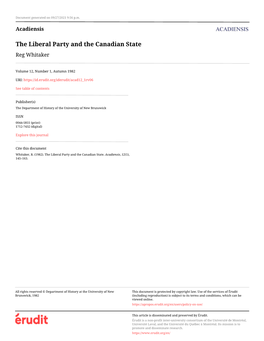 The Liberal Party and the Canadian State Reg Whitaker