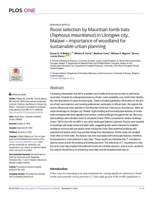 Roost Selection by Mauritian Tomb Bats (Taphozus Mauritianus) in Lilongwe City, Malawi – Importance of Woodland for Sustainable Urban Planning
