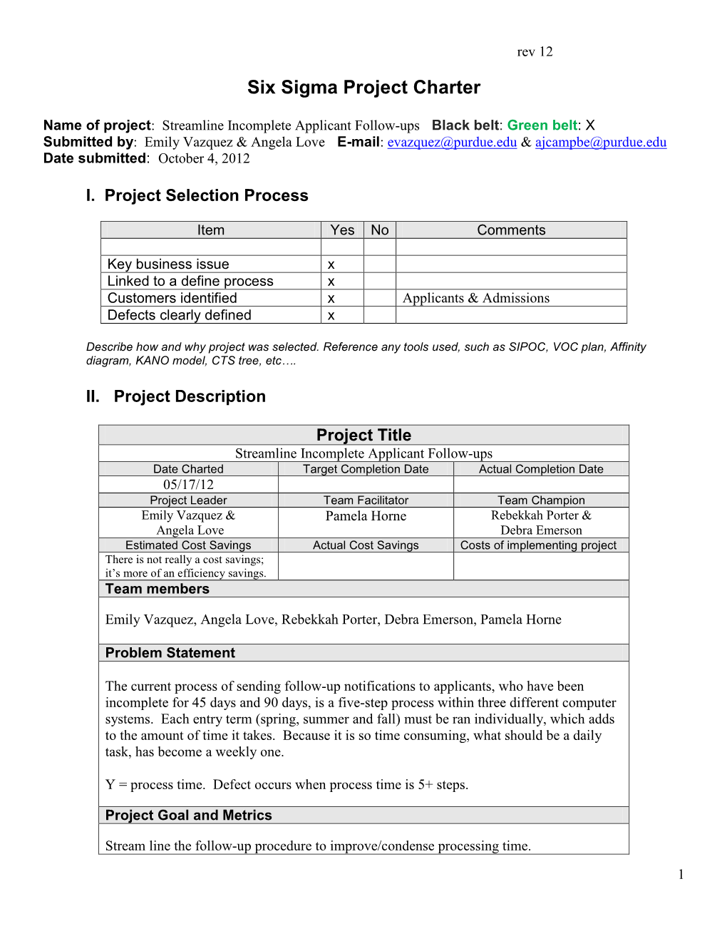 Six Sigma Project Charter