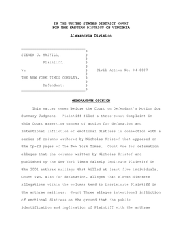 Memorandum Opinion Dismissing Steven J. Hatfill V. New York Times