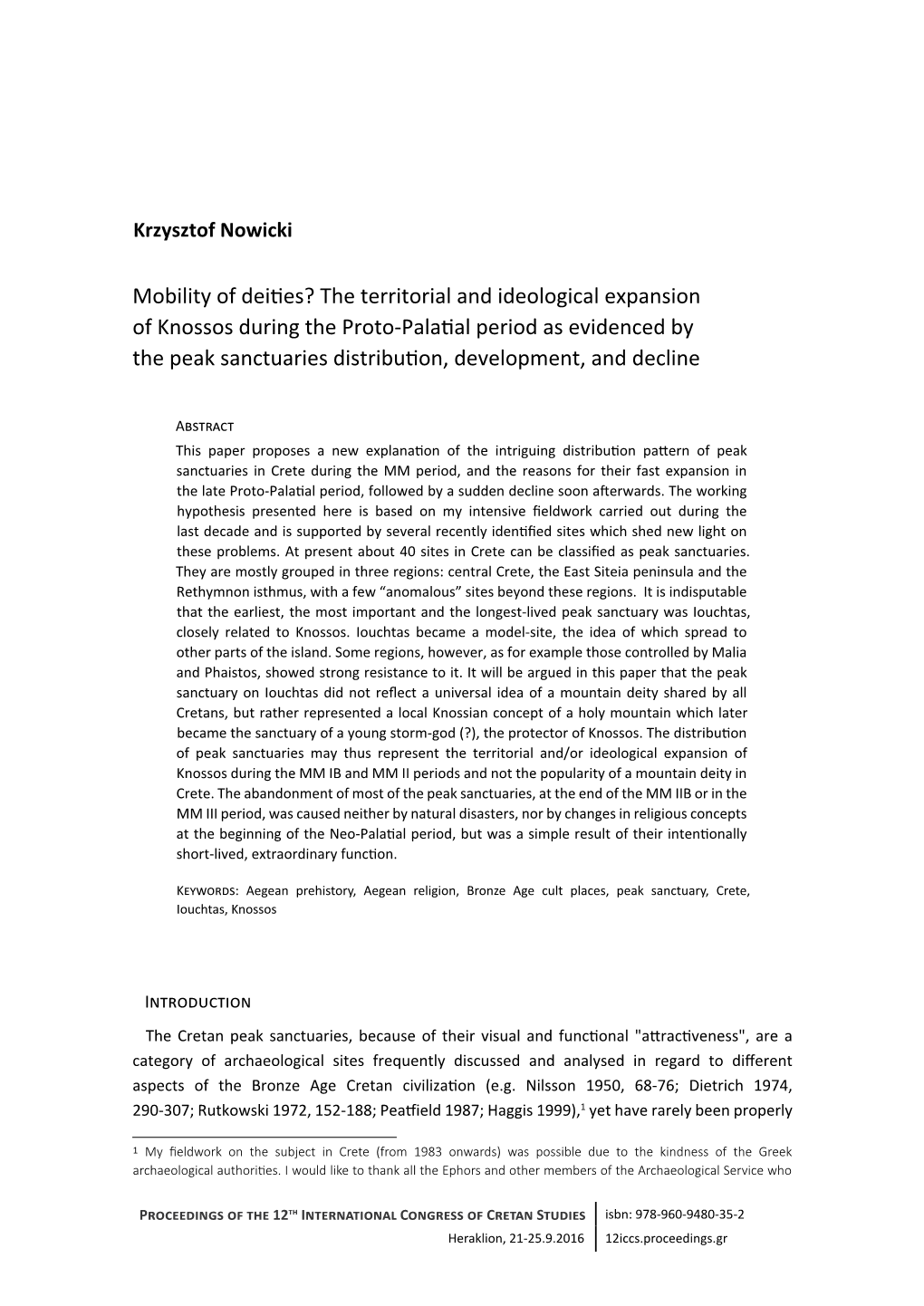 Mobility of Deities? the Territorial and Ideological Expansion of Knossos