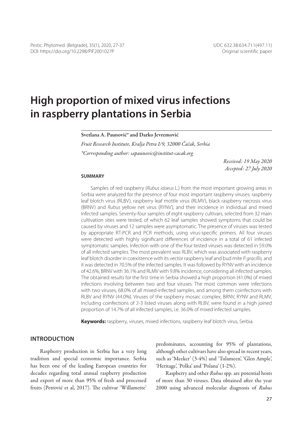 High Proportion of Mixed Virus Infections in Raspberry Plantations in Serbia
