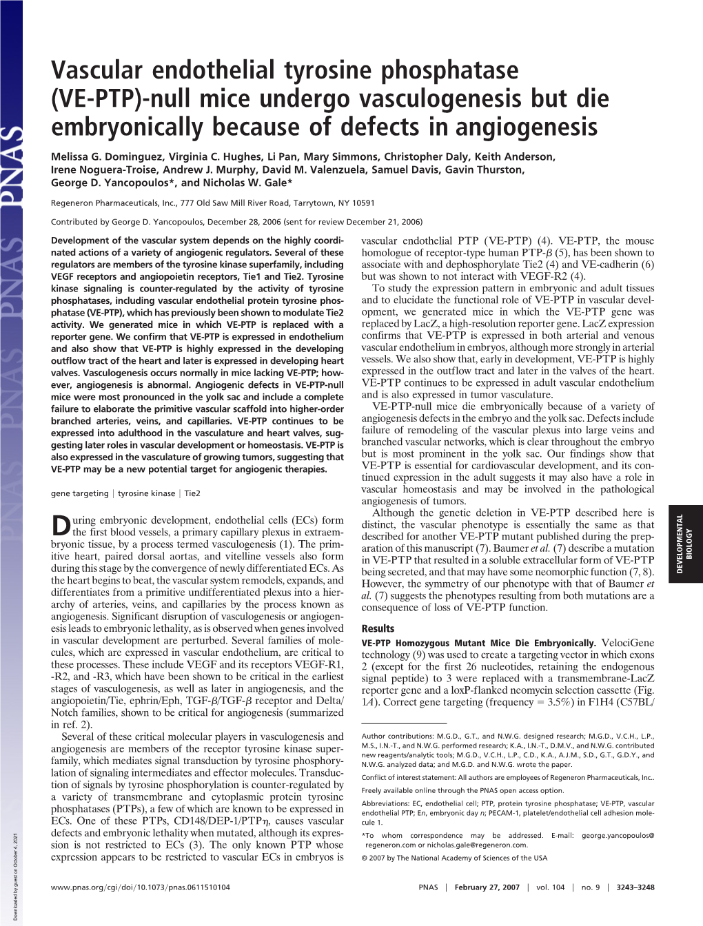 Vascular Endothelial Tyrosine Phosphatase (VE-PTP)-Null Mice Undergo Vasculogenesis but Die Embryonically Because of Defects in Angiogenesis