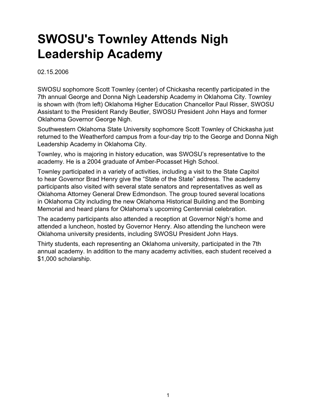 02-15-2006 SWOSU's Townley Attends Nigh Leadership Academy