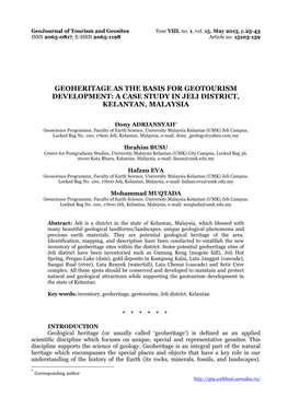 Geoheritage As the Basis for Geotourism Development: a Case Study in Jeli District, Kelantan, Malaysia